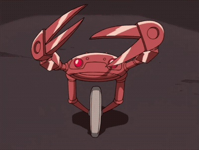 A Cartoon Crab With Red Eyes And A Wheel GIF