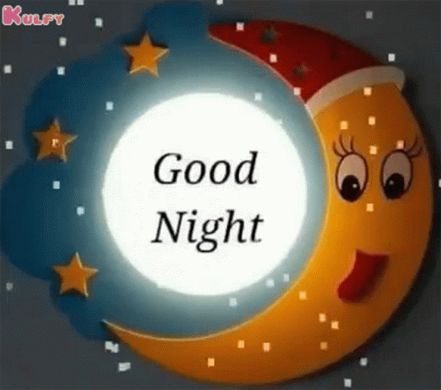A Cartoon Crescent Moon With A Face On It And The Words `` Good Night '' Written On It . GIF