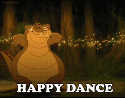 A Cartoon Crocodile Is Dancing In The Woods With The Words Happy Dance Below It GIF