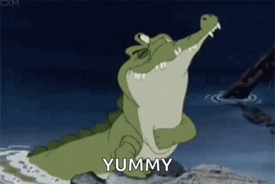 A Cartoon Crocodile Is Standing On Its Hind Legs In The Water With Its Mouth Open And The Word Yummy . GIF