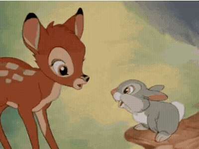 A Cartoon Deer And A Rabbit Are Standing Next To Each Other On A Rock . GIF