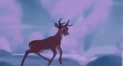 A Cartoon Deer Is Flying Through The Air In A Cloudy Sky . GIF