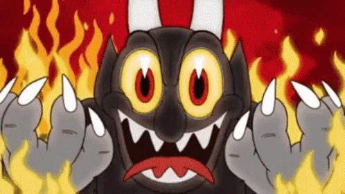 A Cartoon Demon With Horns And Big Eyes Is Surrounded By Fire . GIF