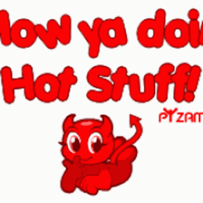 A Cartoon Devil With Horns And Tail Says " How Ya Doin ' Hot Stuff " GIF