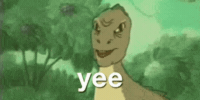 A Cartoon Dinosaur Is Smiling And Says Yee In Front Of Trees . GIF