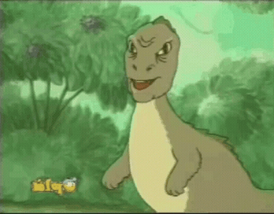 A Cartoon Dinosaur Is Standing In The Grass With Its Mouth Open And Trees In The Background . GIF