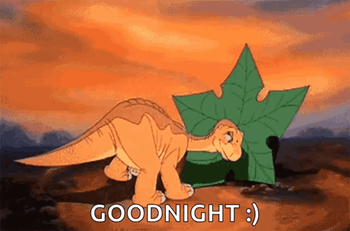 A Cartoon Dinosaur Is Standing Next To A Maple Leaf And Says `` Goodnight '' . GIF