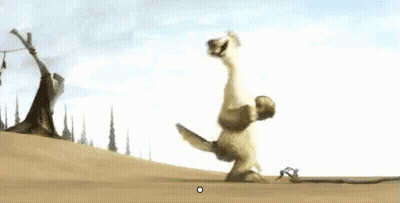 A Cartoon Dinosaur Is Standing On Its Hind Legs On Top Of A Sandy Hill . GIF