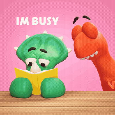 A Cartoon Dinosaur Reading A Book Next To Another Dinosaur With The Words Im Busy Above Them GIF