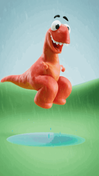 A Cartoon Dinosaur Splashing In A Puddle Of Water GIF