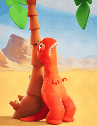 A Cartoon Dinosaur Standing Next To A Palm Tree In The Desert GIF