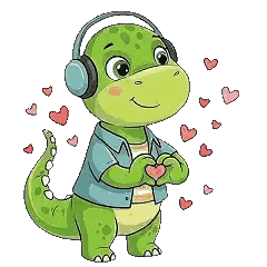 A Cartoon Dinosaur Wearing Headphones And A Striped Shirt Is Holding Two Hearts . Sticker