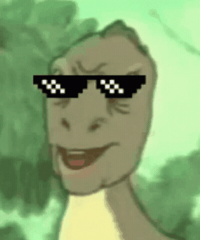 A Cartoon Dinosaur Wearing Sunglasses Is Smiling And Looking At The Camera GIF