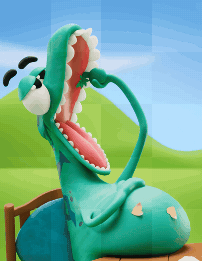 A Cartoon Dinosaur With Its Mouth Wide Open Eating Something GIF