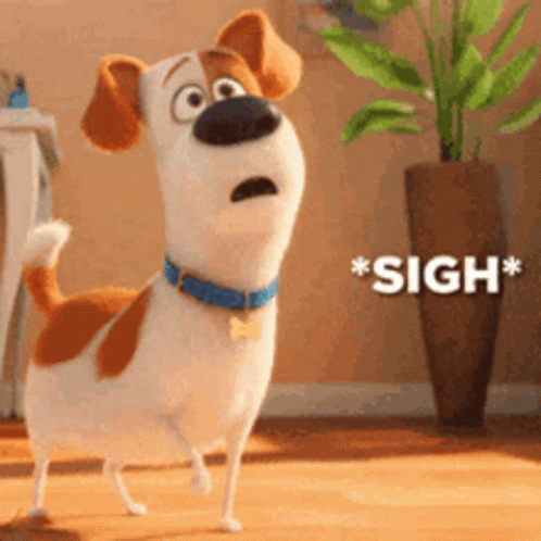 A Cartoon Dog From The Secret Life Of Pets Is Standing In A Room With A Plant . GIF