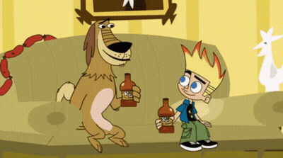 A Cartoon Dog Holding A Bottle Of R & B GIF