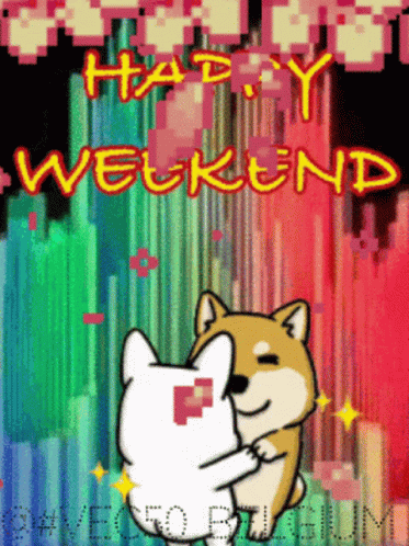 A Cartoon Dog Hugging Another Dog With The Words Happy Weekend GIF