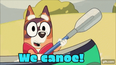 A Cartoon Dog In A Canoe With The Words We Canoe GIF