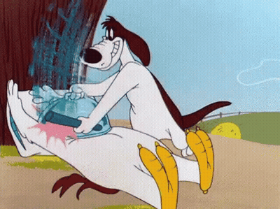 A Cartoon Dog Is Cleaning A Chicken 'S Feet With A Brush GIF