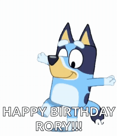 A Cartoon Dog Is Dancing With The Words `` Happy Birthday Rory !!! '' GIF