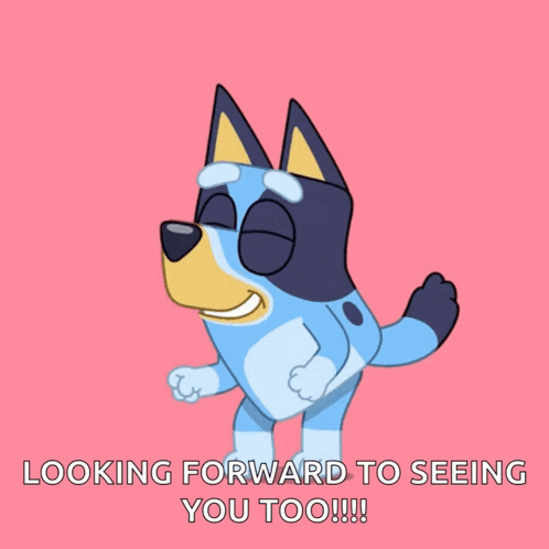 A Cartoon Dog Is Dancing With The Words Looking Forward To Seeing You Too GIF