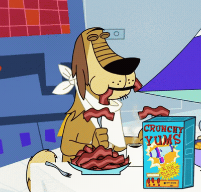 A Cartoon Dog Is Eating Crunchy Yums Cereal GIF