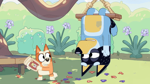 A Cartoon Dog Is Holding A Bottle Of Ketchup Next To A Blue Dog GIF