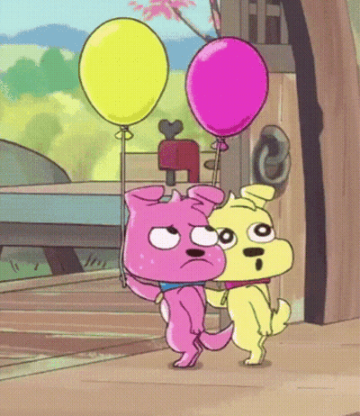 A Cartoon Dog Is Holding A Pink Balloon And A Yellow Balloon GIF