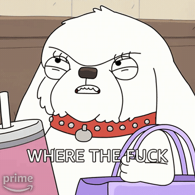 A Cartoon Dog Is Holding A Pink Drink And A Purple Purse And Says Where The Fuck GIF
