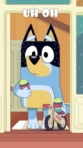 A Cartoon Dog Is Holding A Tennis Ball And A Scooter With The Words Uh Oh Above Him GIF