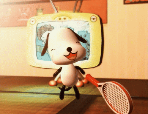 A Cartoon Dog Is Holding A Tennis Racquet In Front Of A Tv GIF