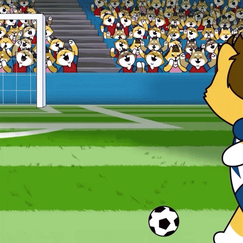 A Cartoon Dog Is Kicking A Soccer Ball In Front Of A Crowd Of Dogs GIF
