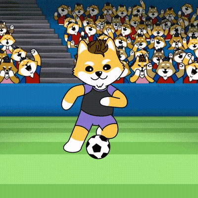 A Cartoon Dog Is Kicking A Soccer Ball In Front Of A Crowd Of Dogs GIF