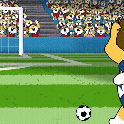 A Cartoon Dog Is Kicking A Soccer Ball In Front Of A Crowd Of Dogs GIF