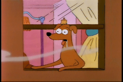 A Cartoon Dog Is Looking Out Of A Window With A Pink Background GIF