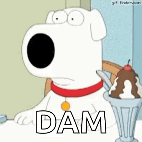 A Cartoon Dog Is Sitting At A Table Next To A Bowl Of Ice Cream And The Word Dam . GIF