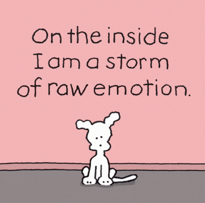 A Cartoon Dog Is Sitting In Front Of A Pink Wall With The Words " On The Inside I Am A Storm Of Raw Emotion " GIF