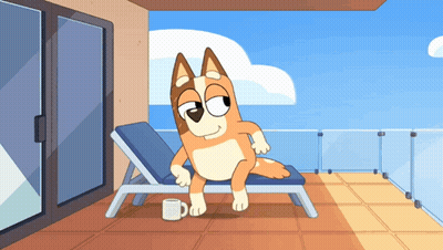A Cartoon Dog Is Sitting On A Lounge Chair On A Balcony With A Cup Of Coffee GIF