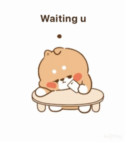 A Cartoon Dog Is Sitting On A Table Holding A Cell Phone And Waiting For Someone . GIF