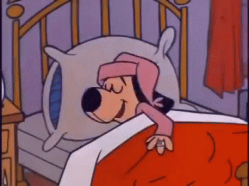 A Cartoon Dog Is Sleeping In A Bed With A Pillow And A Hat On . GIF