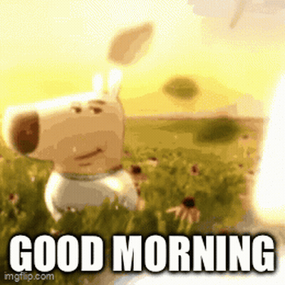 A Cartoon Dog Is Standing In A Field With The Words " Good Morning " Below It GIF