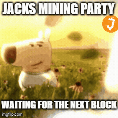 A Cartoon Dog Is Standing In A Field With The Words Jacks Mining Party Waiting For The Next Block GIF