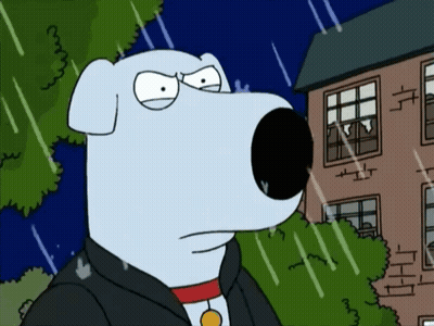 A Cartoon Dog Is Standing In Front Of A Brick Building In The Rain GIF