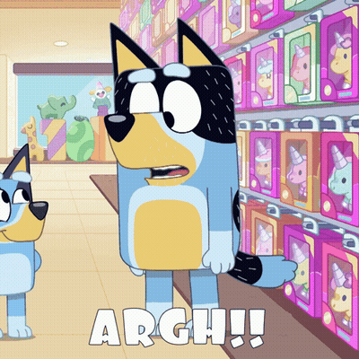 A Cartoon Dog Is Standing In Front Of A Shelf Of Unicorn Toys And Says " Argh " In White Letters GIF