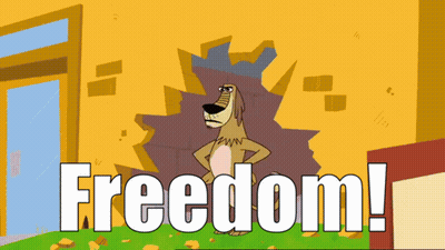 A Cartoon Dog Is Standing In Front Of A Wall With The Word Freedom Written On It GIF