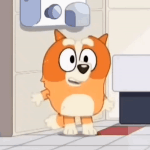 A Cartoon Dog Is Standing On A Tiled Floor In A Room . GIF