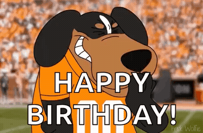 A Cartoon Dog Is Wearing An Orange And Black Jersey And Saying `` Happy Birthday '' . GIF
