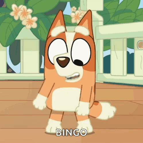 A Cartoon Dog Named Bingo Is Standing On A Wooden Floor GIF