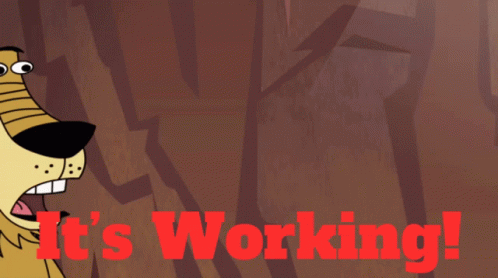 A Cartoon Dog Pointing With The Words It 'S Working In Red GIF