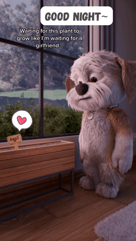 A Cartoon Dog Says Good Night While Waiting For A Plant To Grow Like He 'S Waiting For A Girlfriend GIF